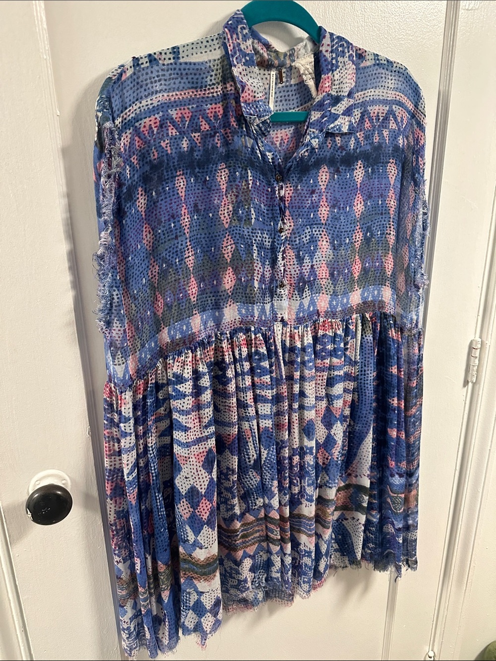 Free People Blue and Pink Sheer Printed Button-Front Tunic